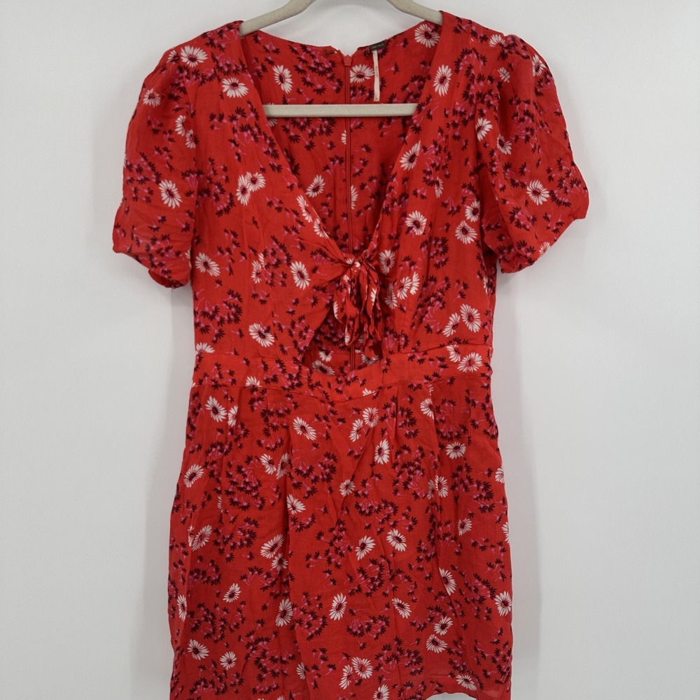 Free People Rompe Womens Small Floral Short Sleeve Cutout Bow Boho Summer Viscos